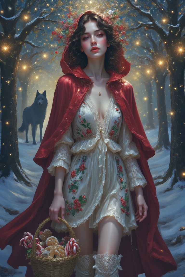 [Subject] The essence of Little Red Riding Hood is reimagined with a Christmas theme as an Asian woman embodies both charm...