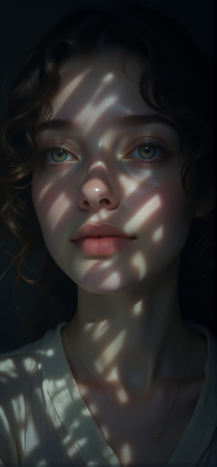 A cinematic noir portrait of a young woman,  her face bathed in diffused window light that wraps around her features with...