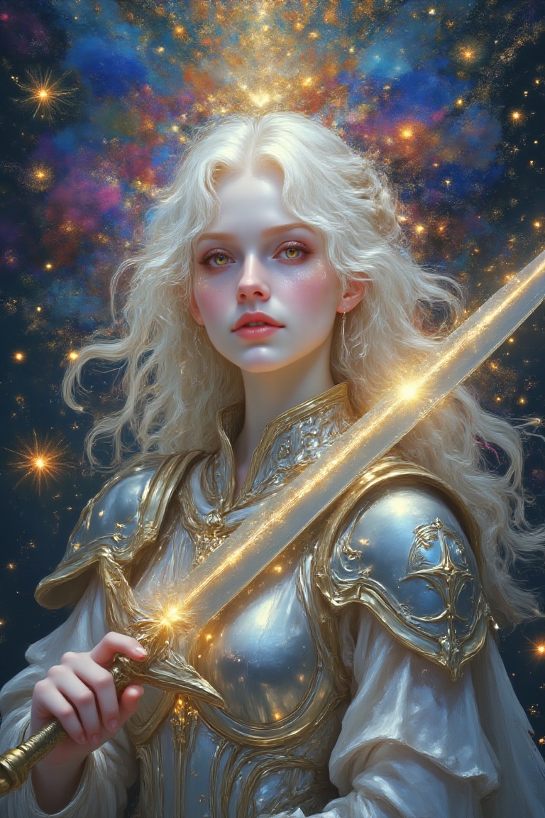 (bust),  full body ultra realistic photo of an pale albino beautiful [finland|russian],  A celestial female paladin clad i...