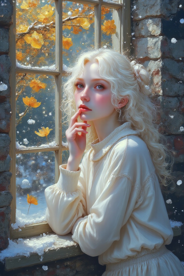 A captivating alcohol ink wash painting depicts a white-haired girl with piercing bull eyes thoughtfully scratching her ch...