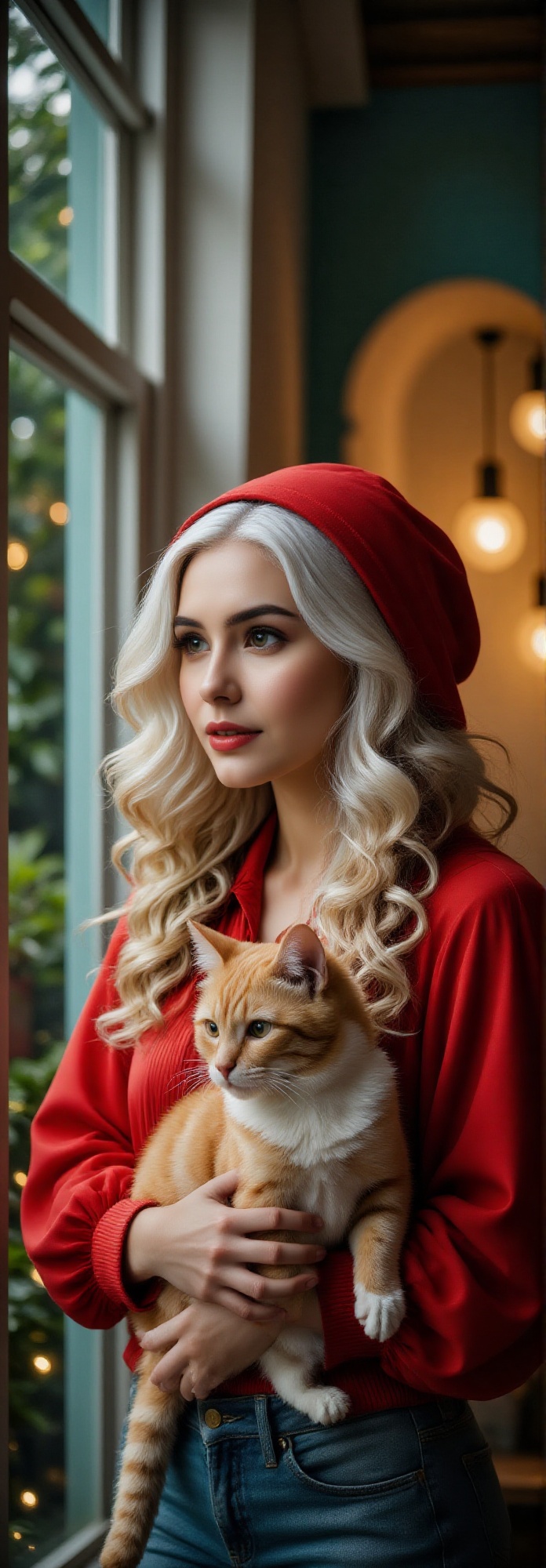 serene and moody scene of a curvy young woman with pale skin,  curly eyelashes,  wearing a red baseball cap and puff Blous...