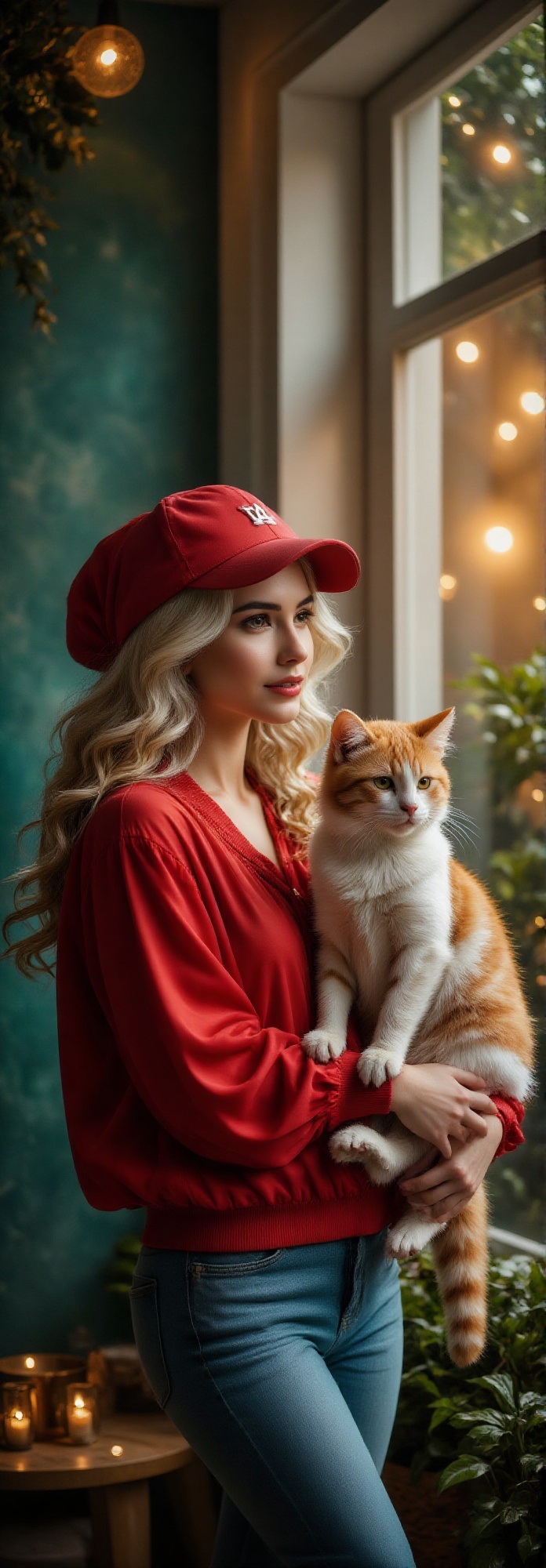 serene and moody scene of a curvy young woman with pale skin,  curly eyelashes,  wearing a red baseball cap and puff Blous...