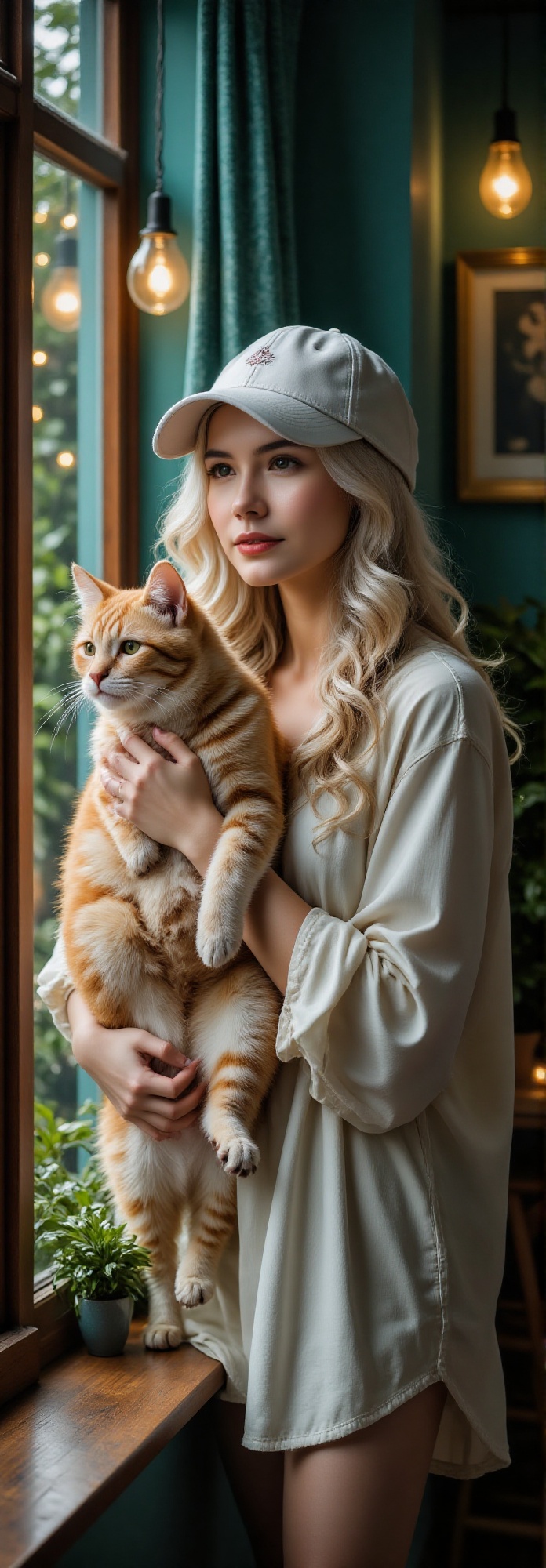 serene and moody scene of a young woman with fair skin,  wearing a white baseball cap and shirt,  standing by a window bat...