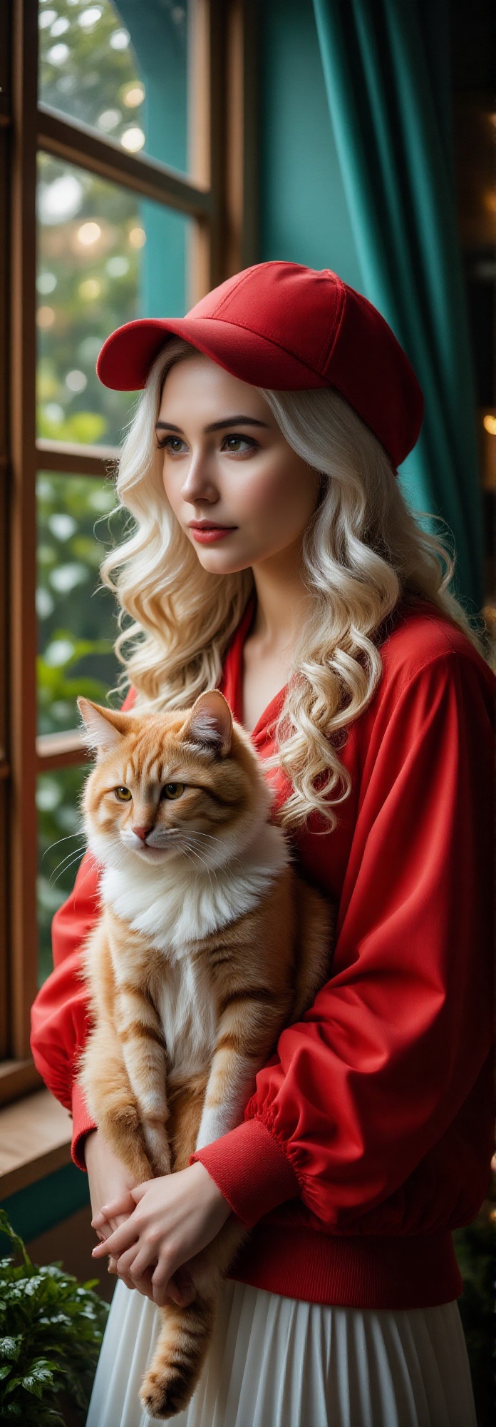 serene and moody scene of a young woman with pale skin,  curly eyelashes,  wearing a red baseball cap and puff Blouse on T...