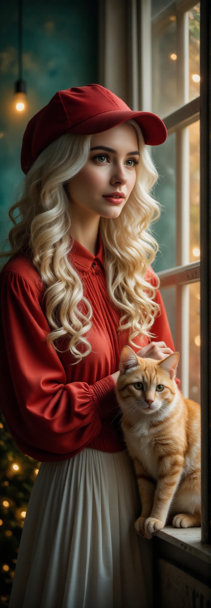serene and moody scene of a young woman with pale skin,  curly eyelashes,  wearing a red baseball cap and puff Blouse on T...