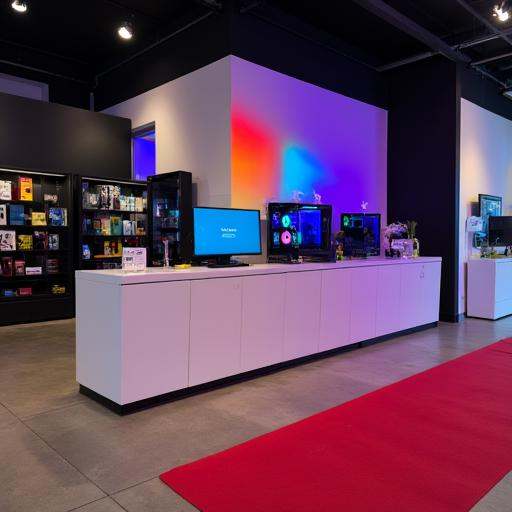 multicolored lights: blue,  white cabinet with a minimalist design,  there is a long on Tensor.Art