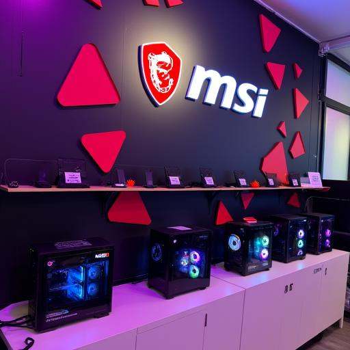 with a white MSI logo and a stylized red triangle above it. The display area is divided into multiple shelves,  geometric...