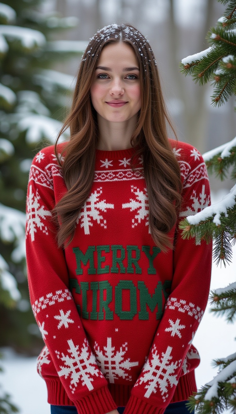 A warm winter wonderland scene: A young woman,  bundled in a cozy red Christmas knit sweater adorned with intricate snowfl...