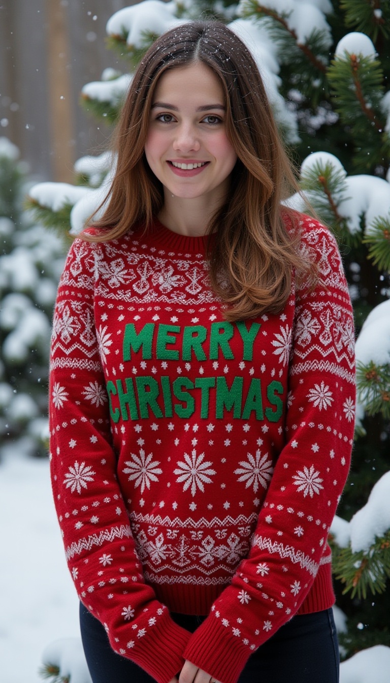 A warm winter wonderland scene: A young woman,  bundled in a cozy red Christmas knit sweater adorned with intricate snowfl...