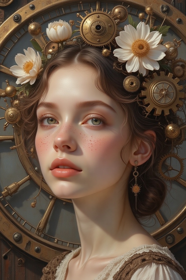 A steampunk-inspired portrait of a young woman with delicate freckles and glossy lips. Her hair,  intricately detailed,  t...