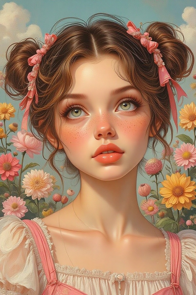 A vibrant comic-style portrait of a young woman with exaggerated features—large,  expressive eyes ,  glossy lips on Tensor...