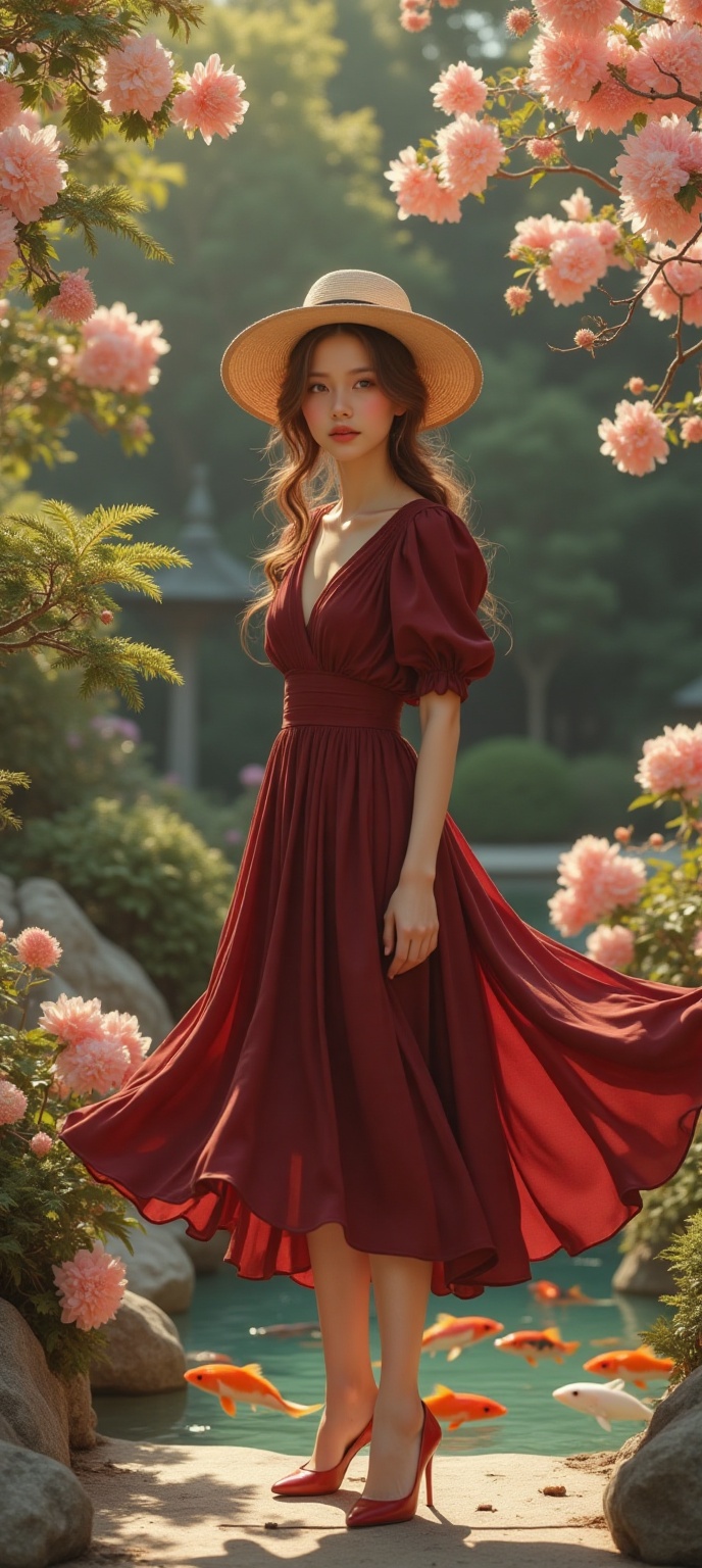 Close-up shot of Hannah standing amidst lush foliage and vibrant blooms in a dappled sunlight setting. Framed by her chest...