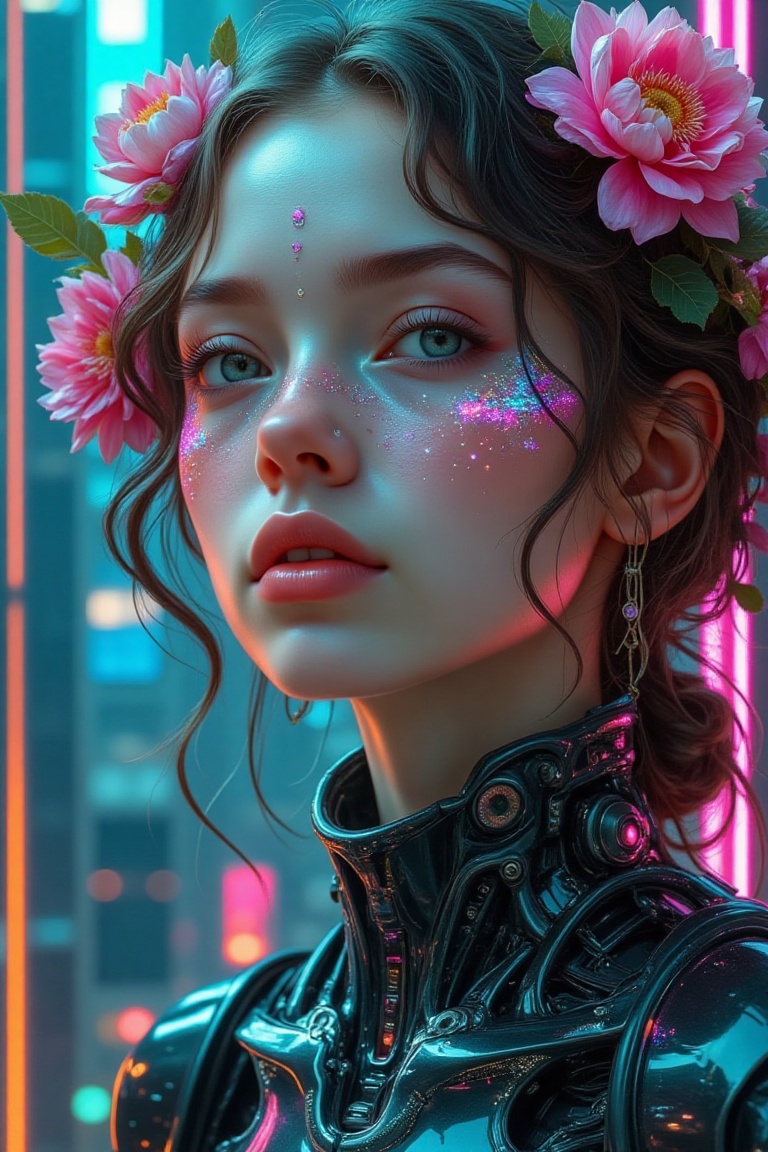 "A mecha rendition of a young woman with glowing,  neon-accented freckles and glossy,  iridescent lips. Her hair is adorne...