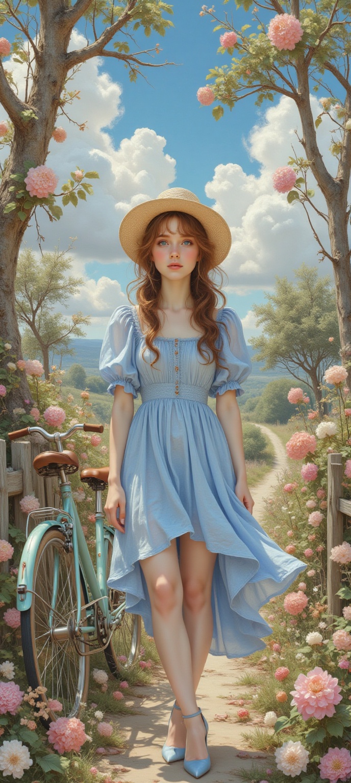 Hannah stands poised amidst a tapestry of lush foliage,  vibrant blooms,  and dappled sunlight. Her chestnut tresses casca...