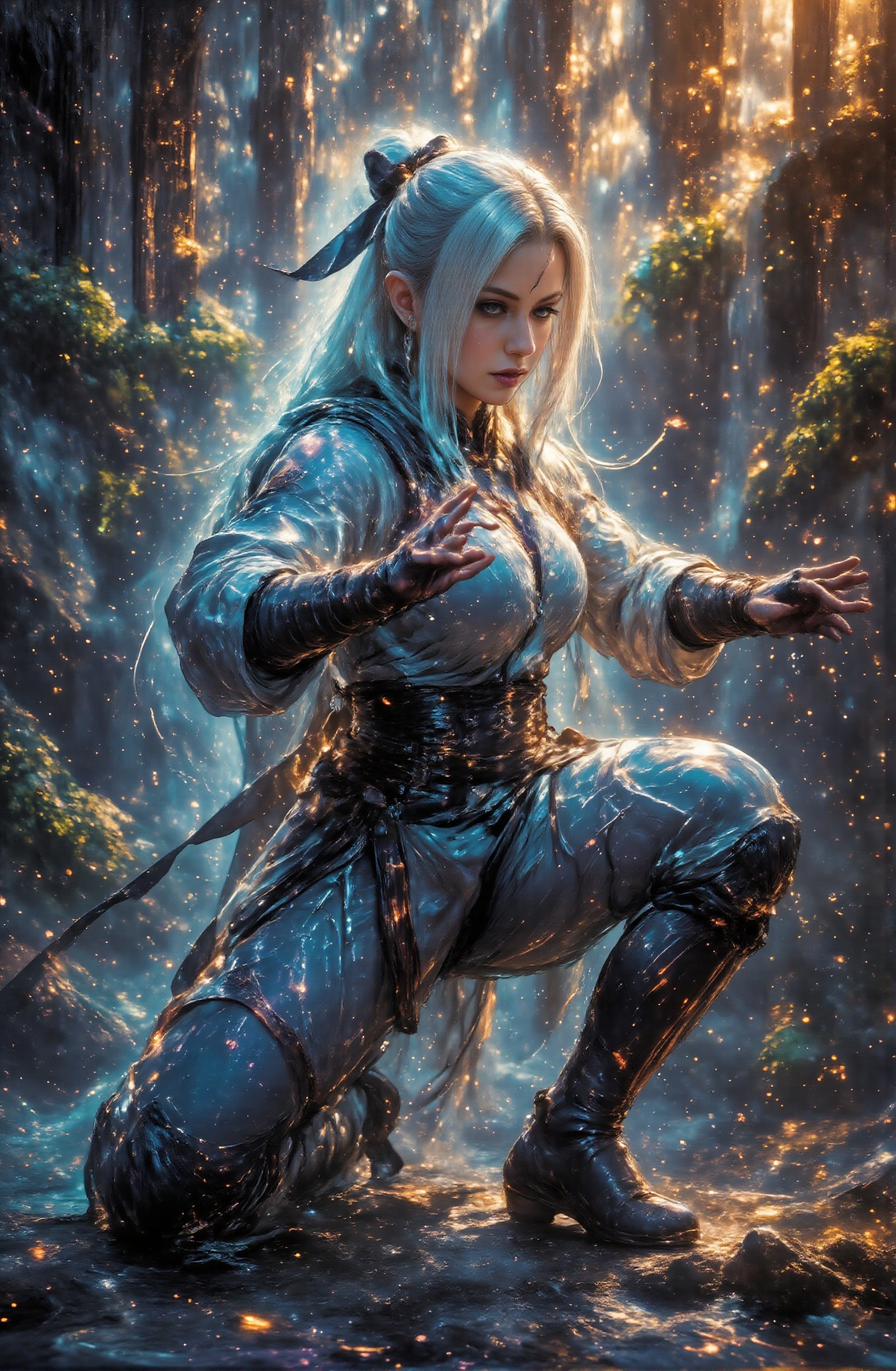 Score_9 is a tarot card that depicts a powerful and beautiful warrior practicing under a waterfall. The card name "Waterfa...
