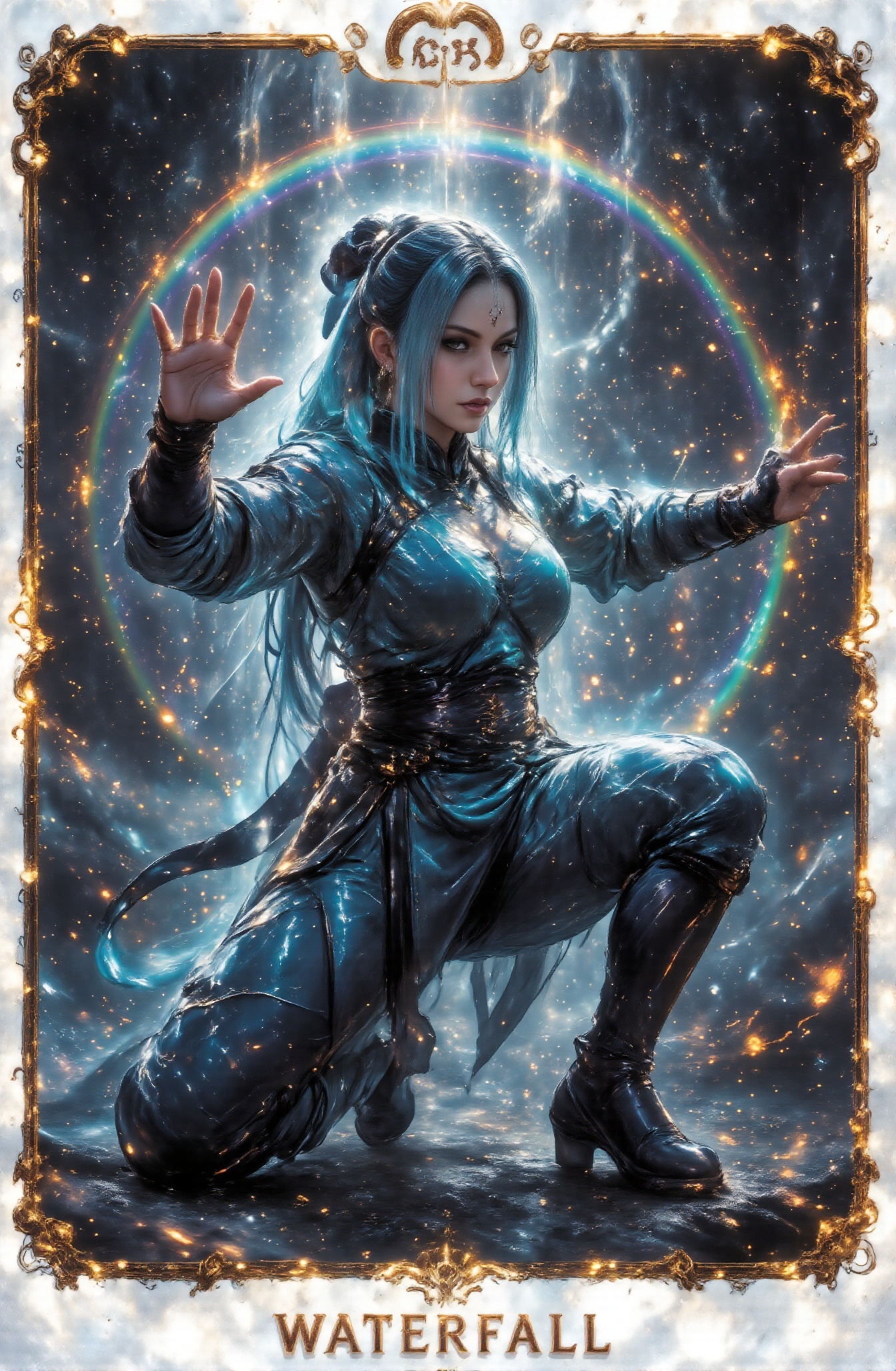Score_9 is a tarot card that depicts a powerful and beautiful warrior practicing under a waterfall. The card name "Waterfa...