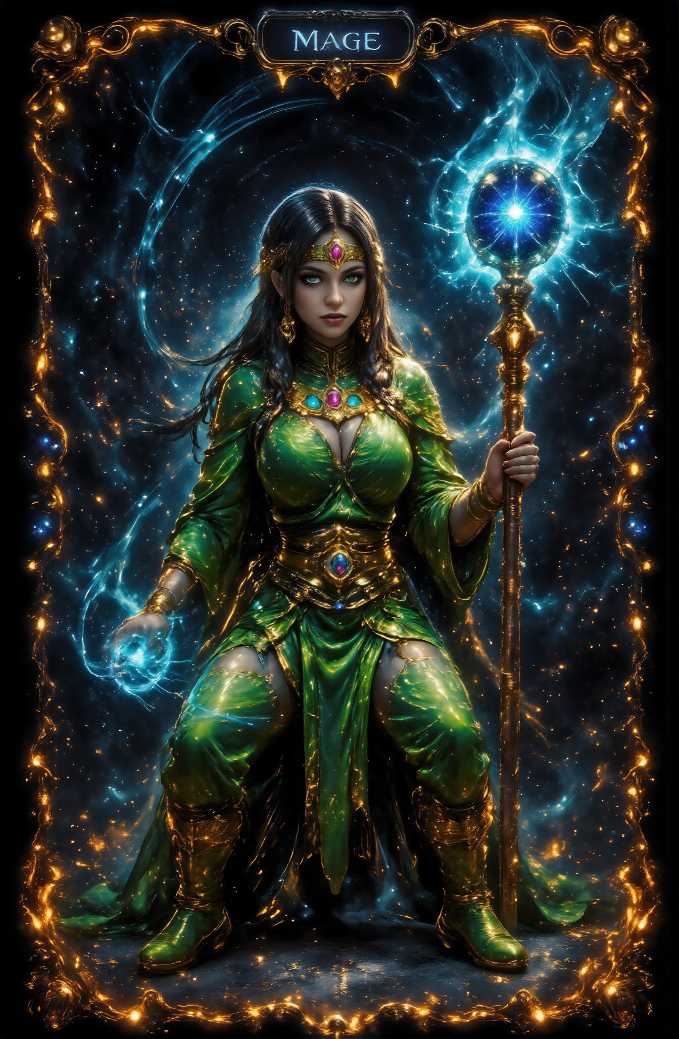 Score_9 is a tarot card that tells the story of a female sorceress preparing to fight in a dark circular arena. The name "...