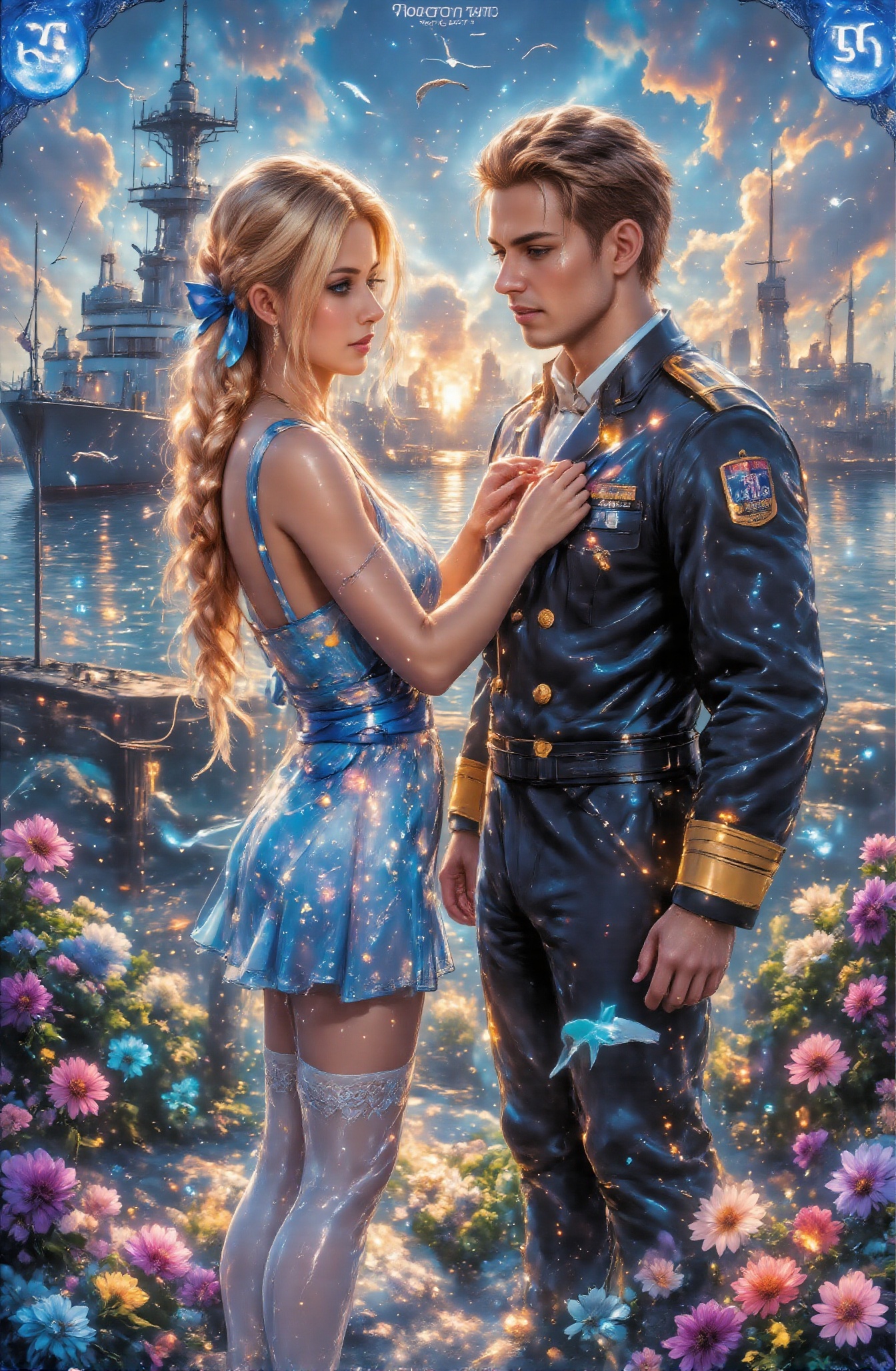 Score_9 is a tarot card. A beautiful girl is pinning a blue ribbon on the chest of her navy husband who is about to sail b...