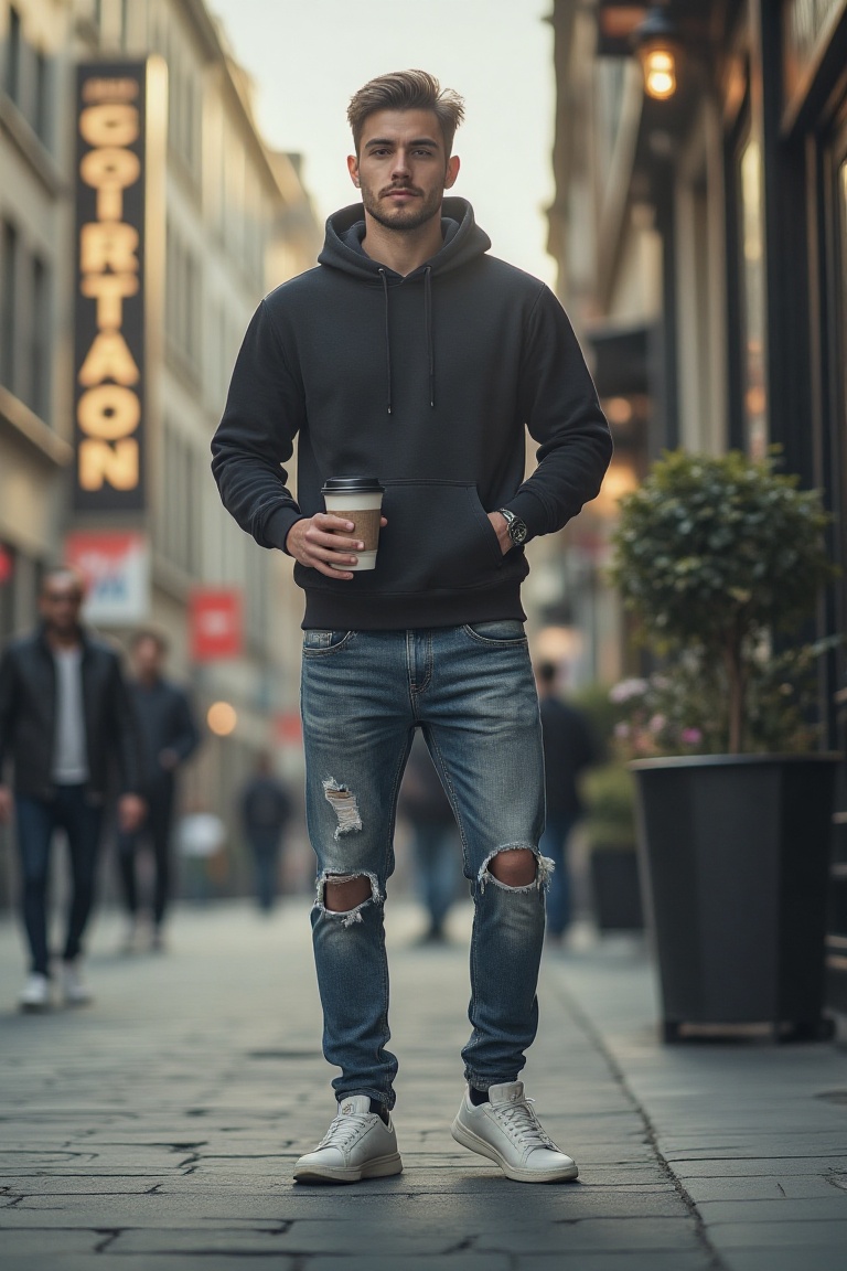A high-fashion editorial photo of a handsome man standing on a bustling city street,  wearing street casual wear consistin...