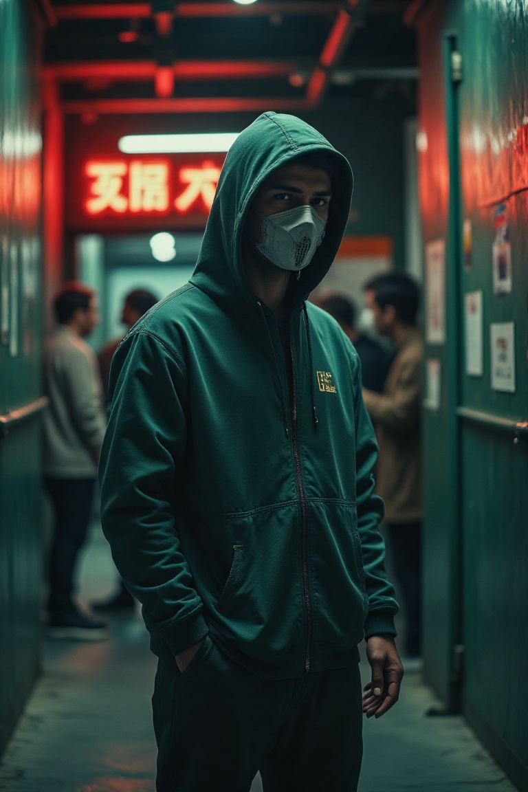 A cinematic poster-style image of the Squid Game TV series,  captured with a Sony camera lens. The scene features a dramat...