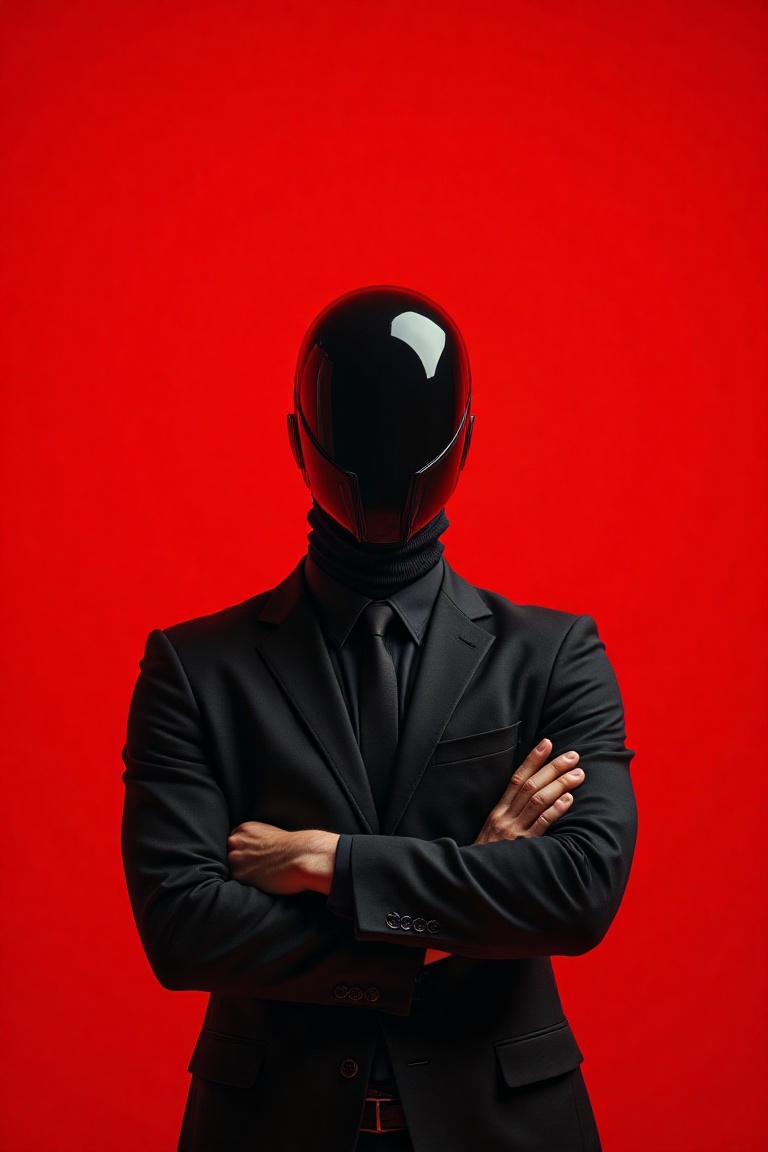 A highly detailed cinematic shot of a hero wearing a minimal modern black glass mask,  dressed in a formal black suit with...