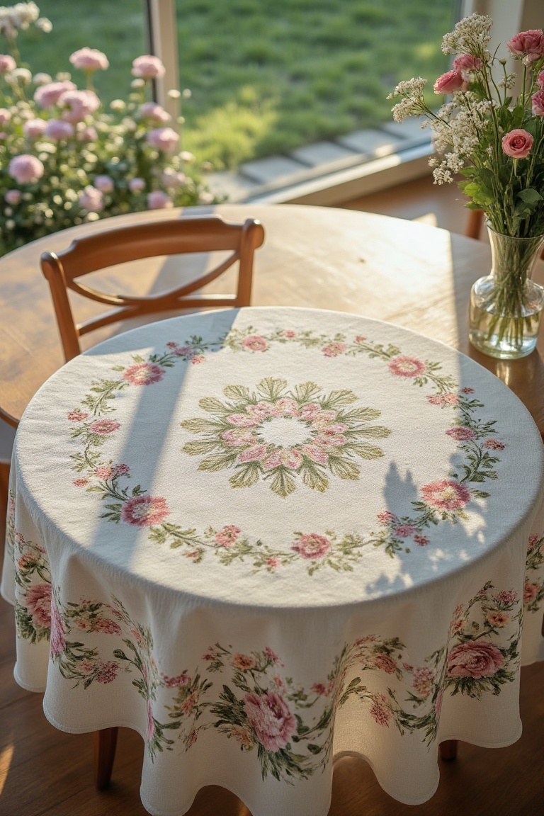 A close-up shot of a round Easter tablecloth spread on a wooden table,  flanked by two simple,  elegant chairs. The scene...