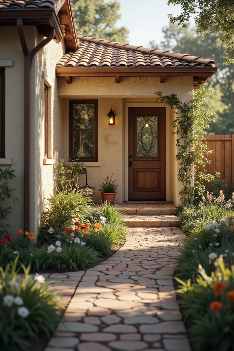 A charming single-story mother-in-law cottage with beige stucco and warm wood accents,  captured in a three-quarter view u...