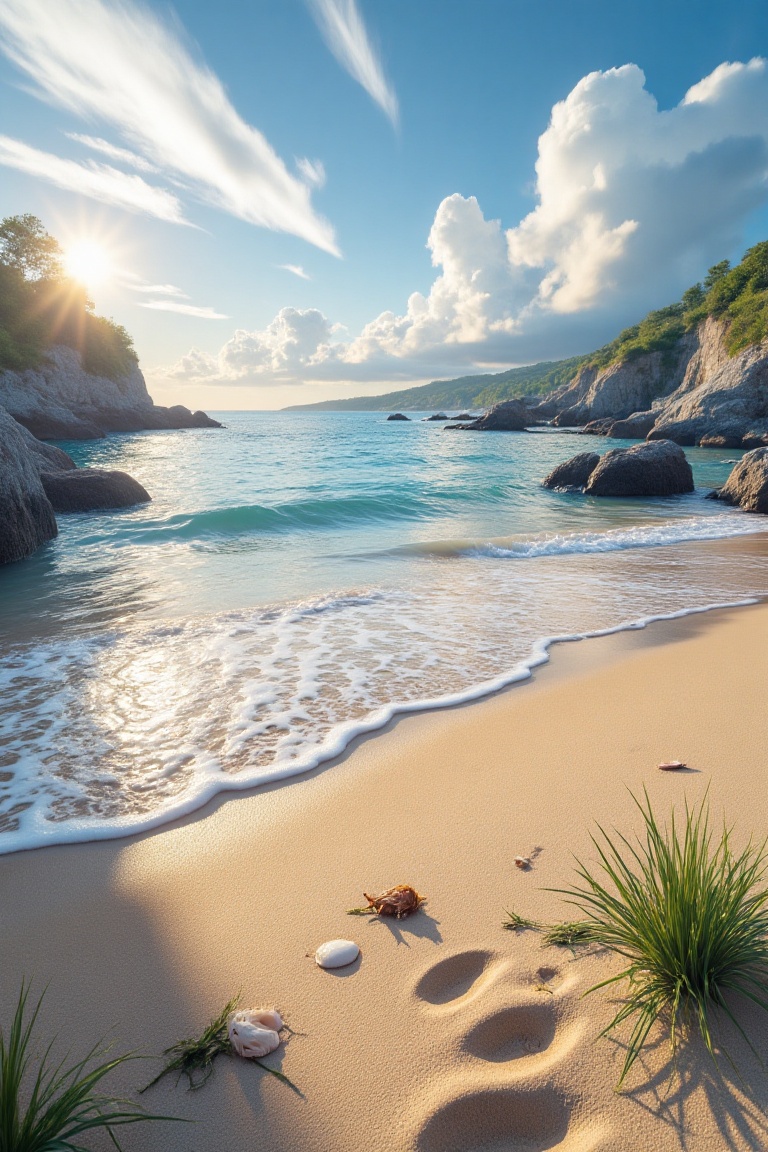 A stunning wallpaper-style depiction of a pristine sandy beach by the seaside,  with soft waves gently lapping the shore....