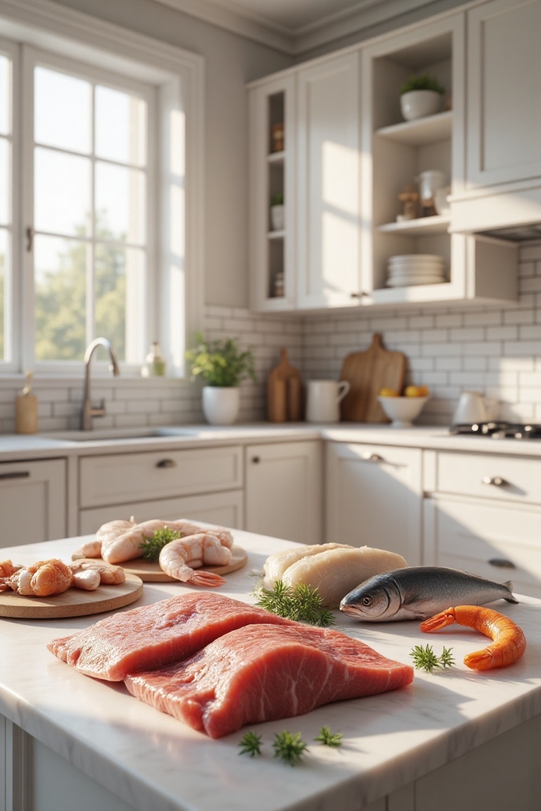 A realistic kitchen scene with a bright and warm atmosphere,  featuring a clean and tidy white-toned kitchen. The composit...