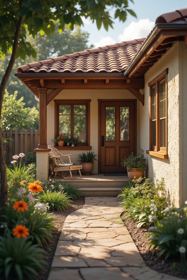 A charming single-story mother-in-law cottage with beige stucco and warm wood accents,  captured in a three-quarter view u...