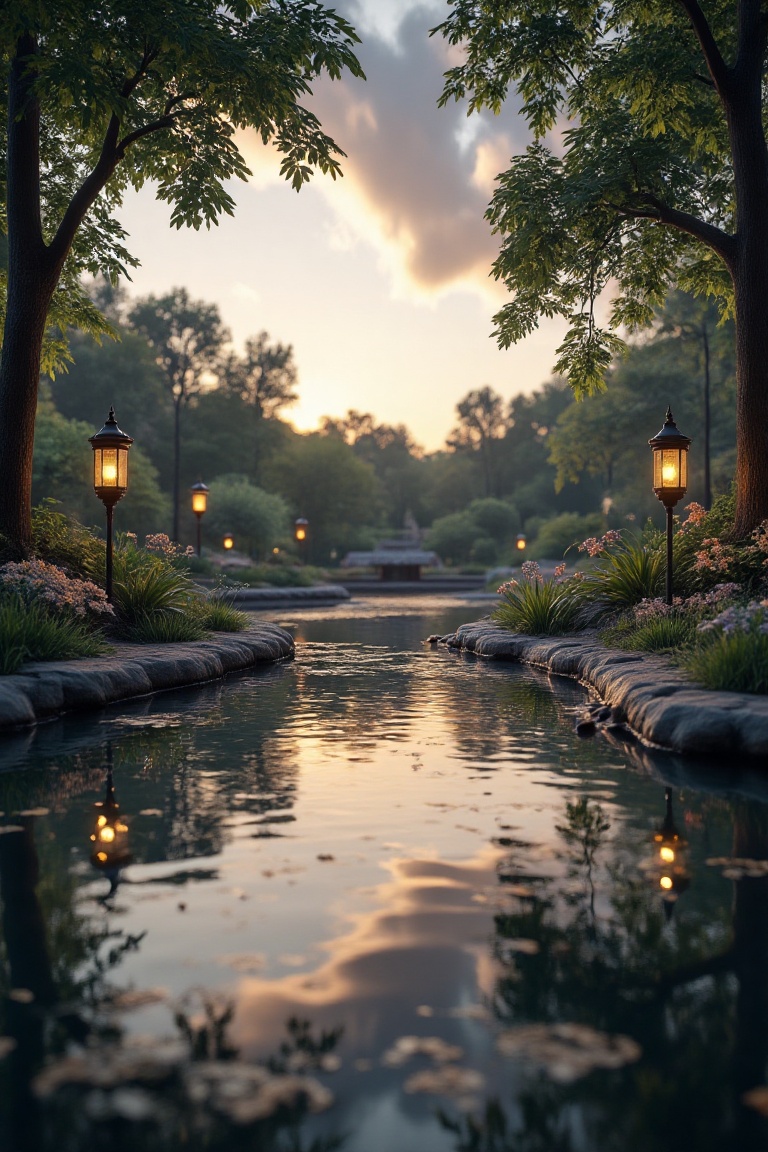 A serene evening scene at a lake garden park,  with a tranquil lake reflecting the soft golden hues of twilight. The park...