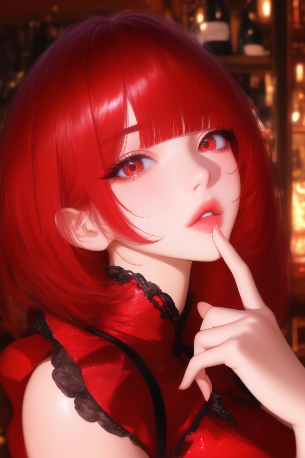 masterpiece, best quality, very aesthetic, absurdres,  upper body, 1girl, solo, looking at viewer, red hair, long hair, himecut, blunt bangs, red eyes, finger on mouth, red dress, parted lips, head tilted, indoors, illuxy_style