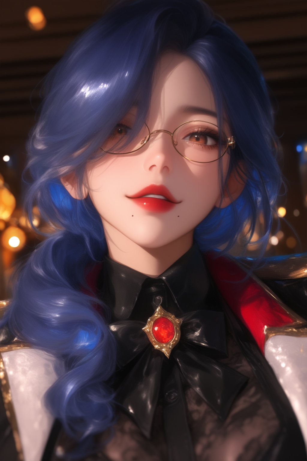 masterpiece, best quality, very aesthetic, absurdres,  upper body, 1girl, solo, looking at viewer, blue hair, long hair, ponytail, dril hair, curly hair, hair over shoulders, hair over one eye, brown eyes, red lips, monocle glasses, mole under mouth, black jacket, black bow brooch tie, black shirt, amused, smirk, parted lips, head tilted, indoors, bokeh, illuxy_style