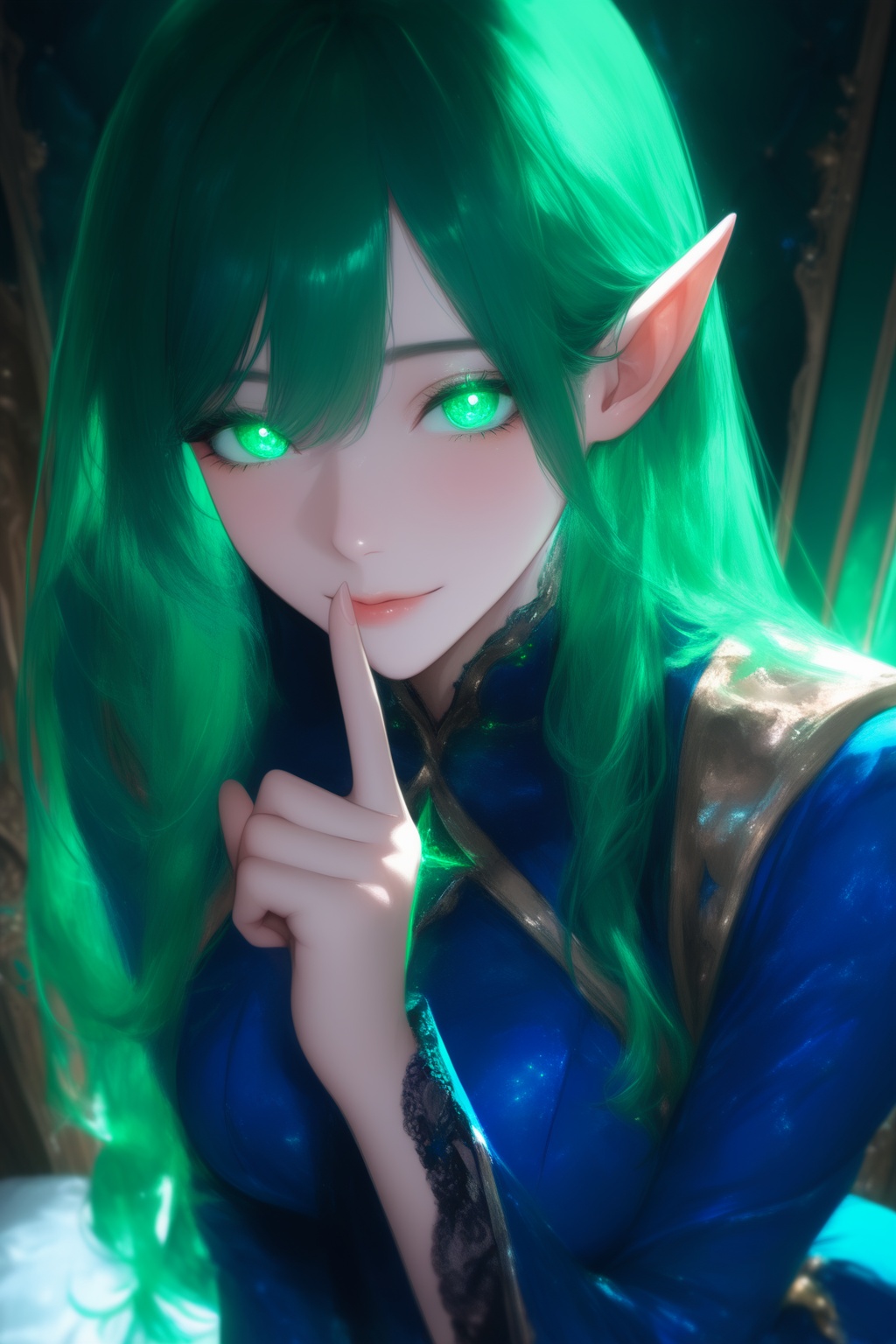 masterpiece, best quality, very aesthetic, absurdres,  upper body, leaning forward, facing viewer, 1girl, solo, looking at viewer, green hair, long hair, pointy ears, green eyes, glowing eyes, light smile, shushing, blue dress, indoors, illuxy_style