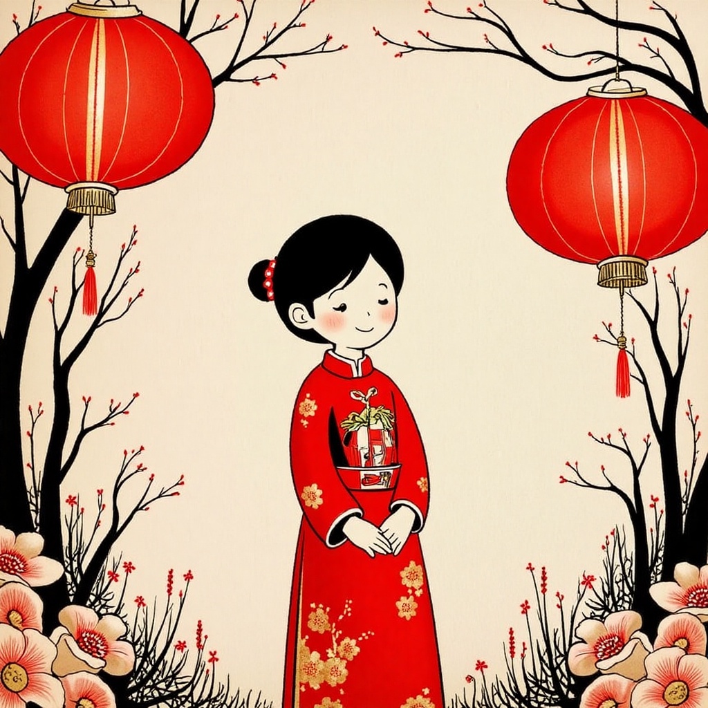 Vibrant Inky Tet Festival: A Masterpiece of Intricate Detail In a whimsical ink-style illustration,  a young girl in tradi...