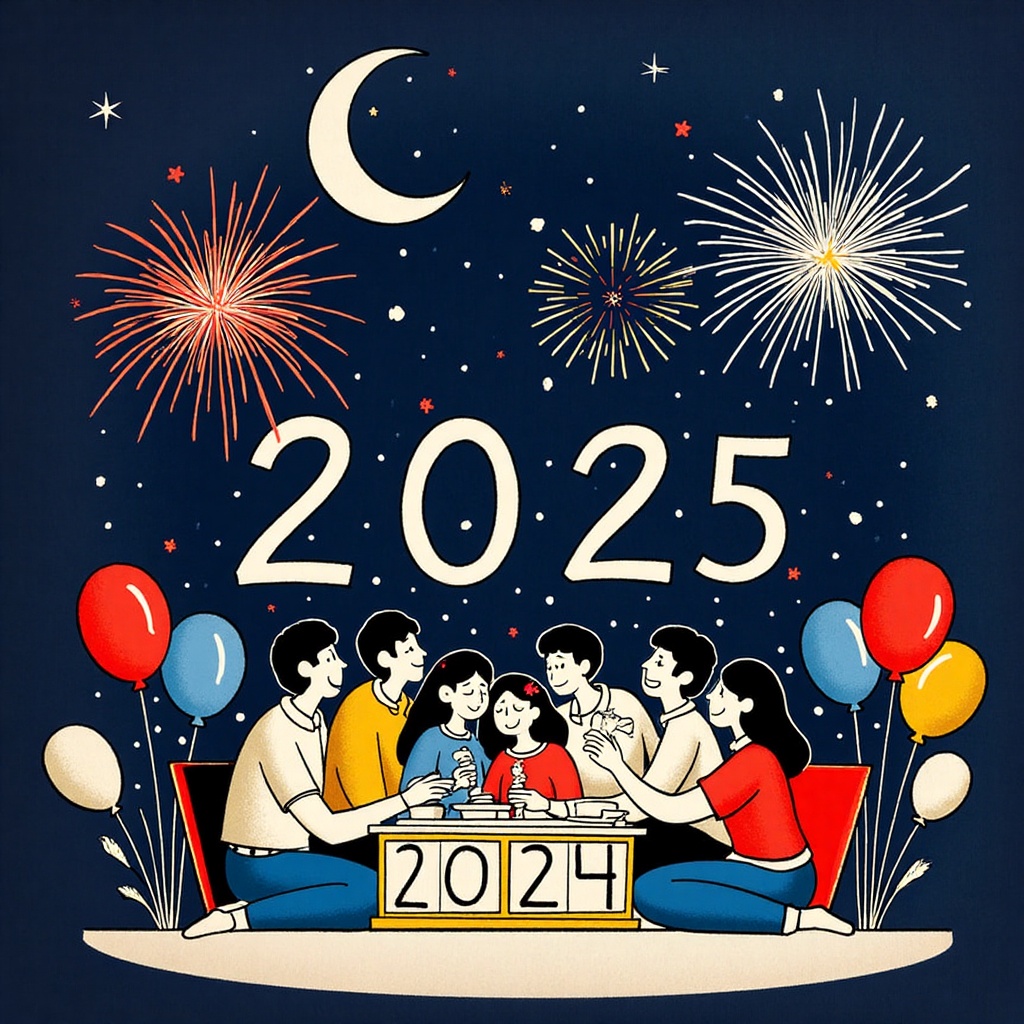 Vibrant doodle line art illustration of a whimsical scene before the new year 2025: A midnight sky with stars twinkling li...