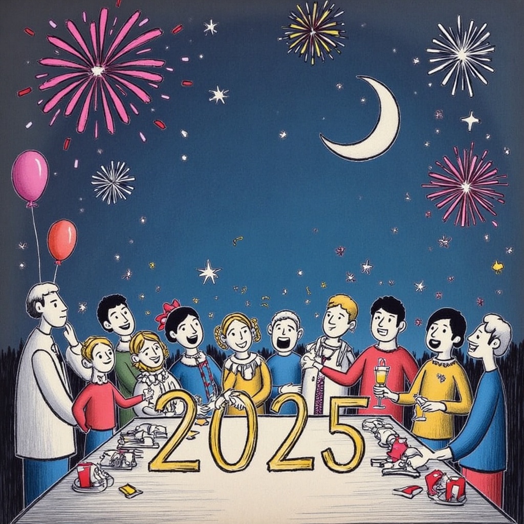 Vibrant doodle line art illustration of a whimsical scene before the new year 2025: A midnight sky with stars twinkling li...
