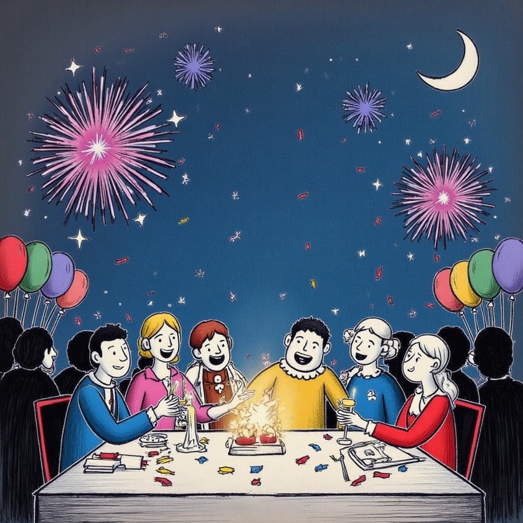 Vibrant doodle line art illustration of a whimsical scene before the new year 2025: A midnight sky with stars twinkling li...