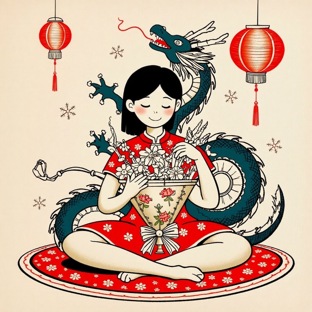 A stunning ink-style illustration of a young girl surrounded by vibrant colors and intricate details,  capturing the essen...
