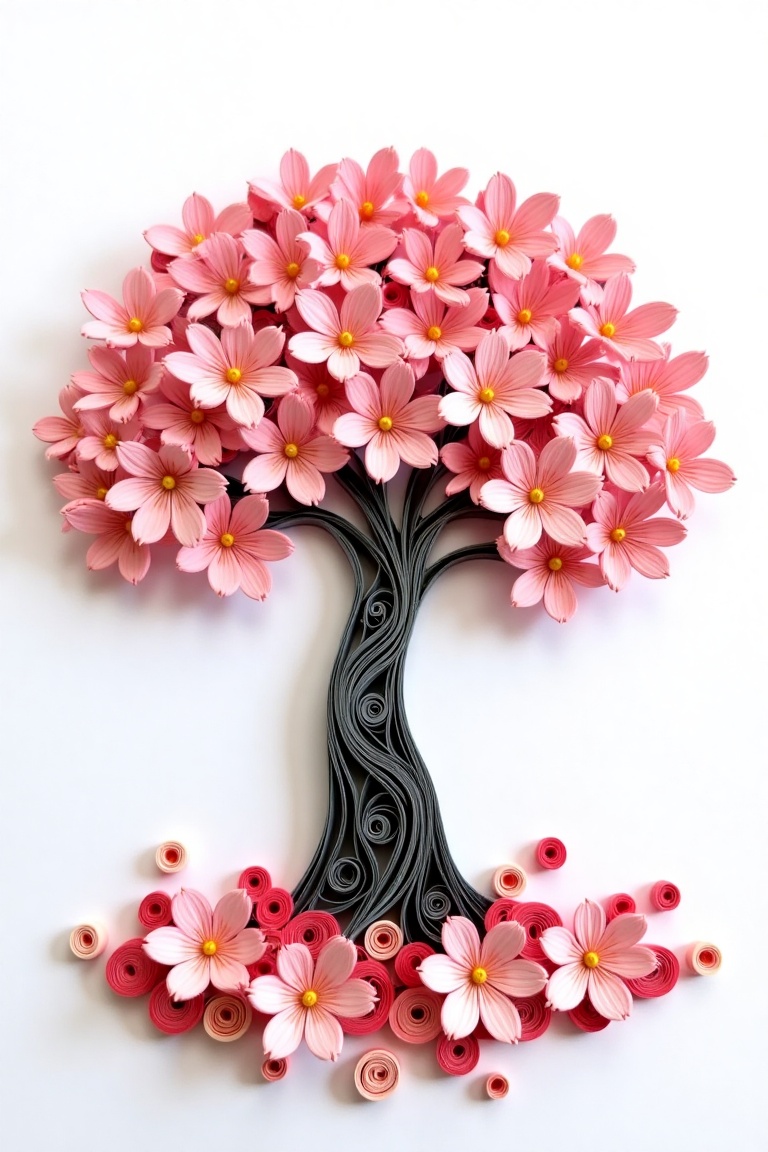 Intricate paper quilling cherry blossom tree. Detailed,  multi-layered paper quilling technique creates a majestic cherry...