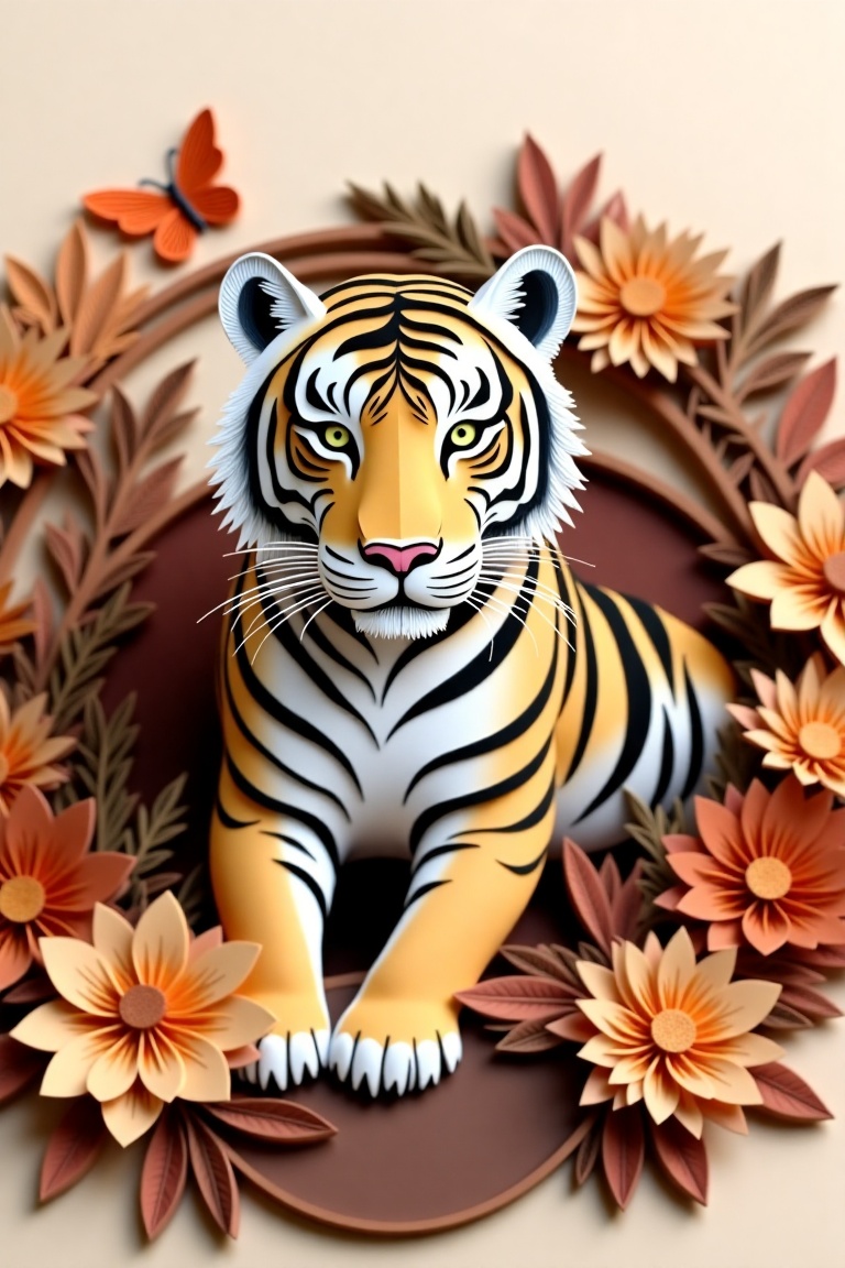 Detailed paper-cut tiger illustration,  ornate with layered paper flowers,  leaves and butterfly accents. Tiger form is cr...