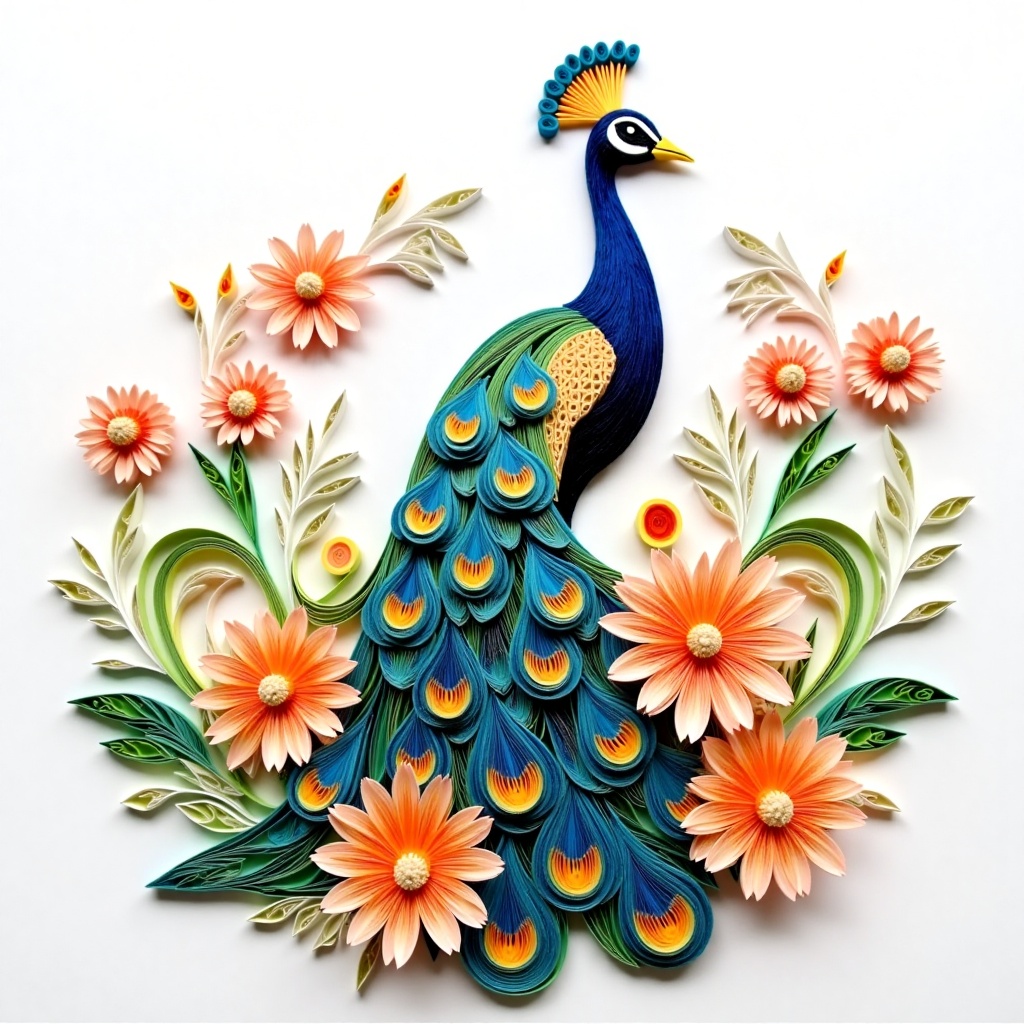 Detailed,  vibrant paper quilling peacock,  meticulously crafted from colorful paper strips. Peacock's plumage features in...