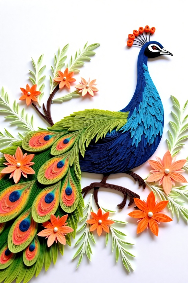 Detailed,  vibrant paper quilling peacock,  meticulously crafted from colorful paper strips. Peacock's plumage features in...