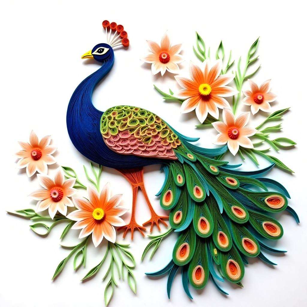 Detailed,  vibrant paper quilling peacock,  meticulously crafted from colorful paper strips. Peacock's plumage features in...
