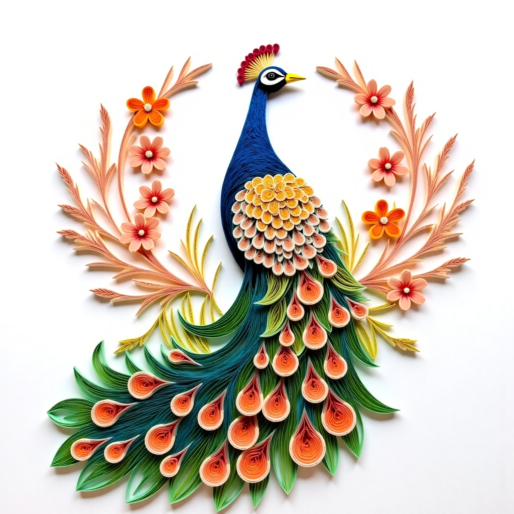 Detailed,  vibrant paper quilling peacock,  meticulously crafted from colorful paper strips. Peacock's plumage features in...