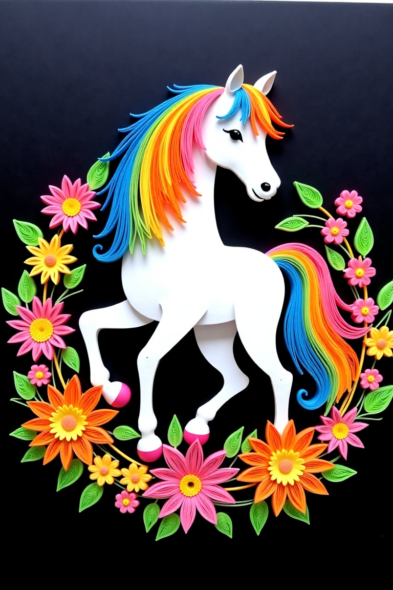 Whimsical,  detailed paper quilling artwork of a white horse. Colorful,  intricate paper quilling flowers and leaves creat...