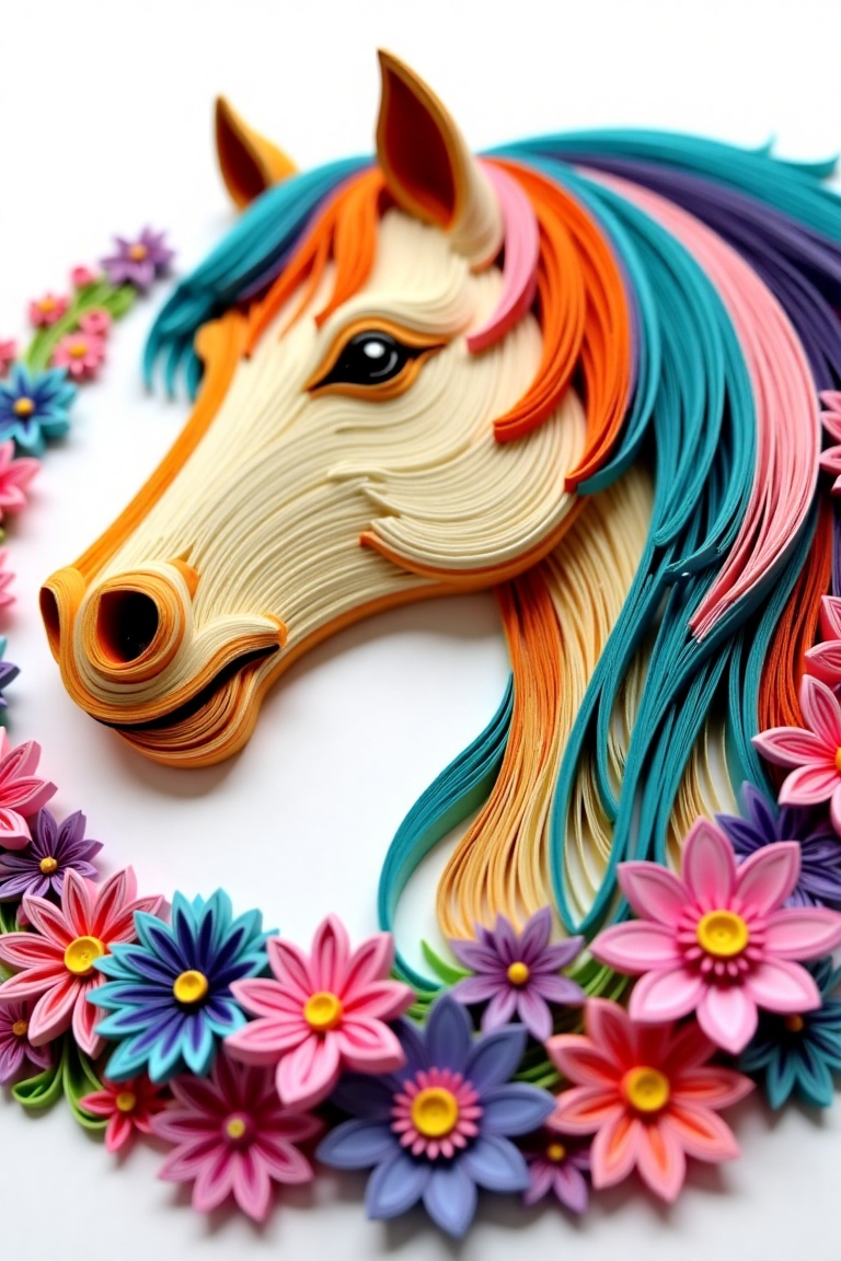 Detailed intricately designed paper quilling art piece featuring a horse's head. Colorful,  layered paper ribbons meticulo...