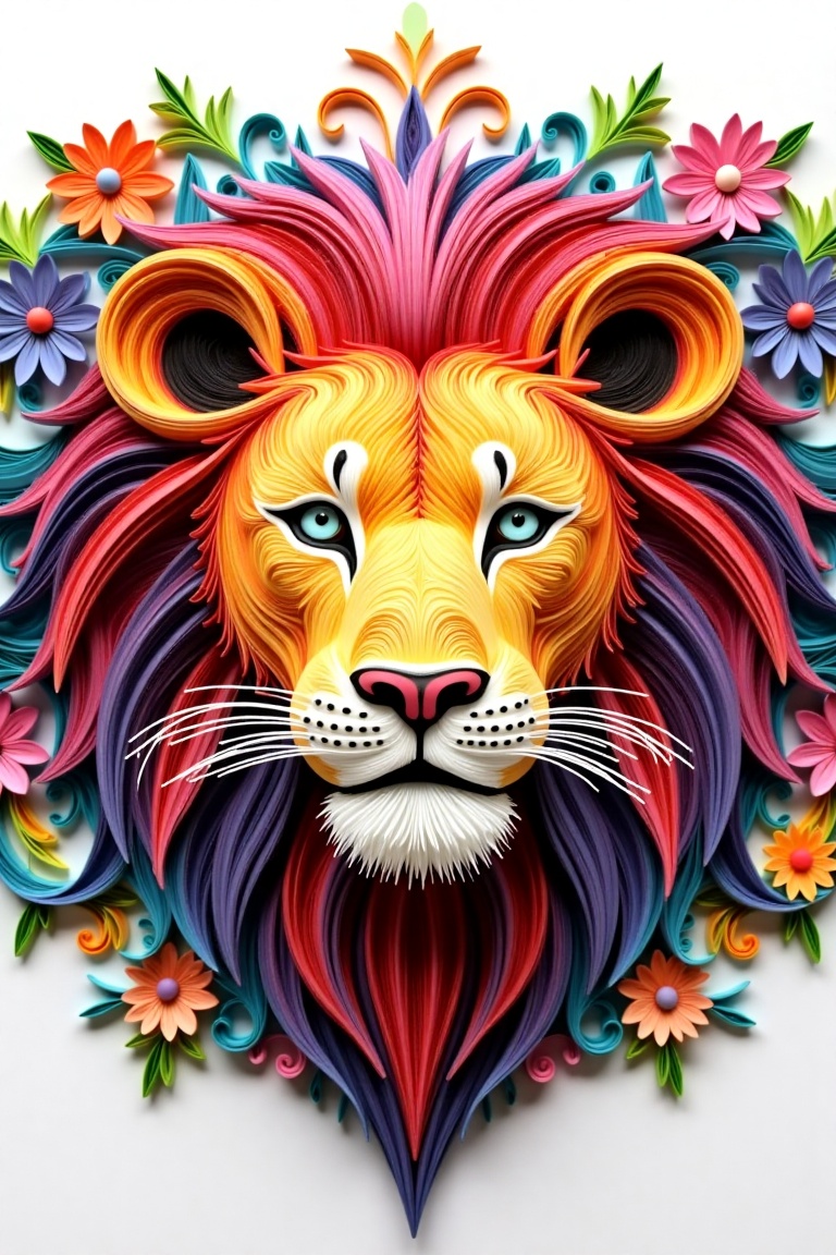 Detailed colorful paper quilling lion's head. Intricate,  multi-layered paper quilling forms the majestic lion's head,  sh...