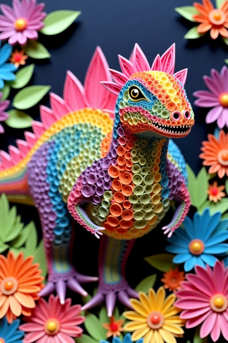 Detailed,  vibrant,  paper quilling sculpture of a fantastical dinosaur-like creature. Colorful on Tensor.Art