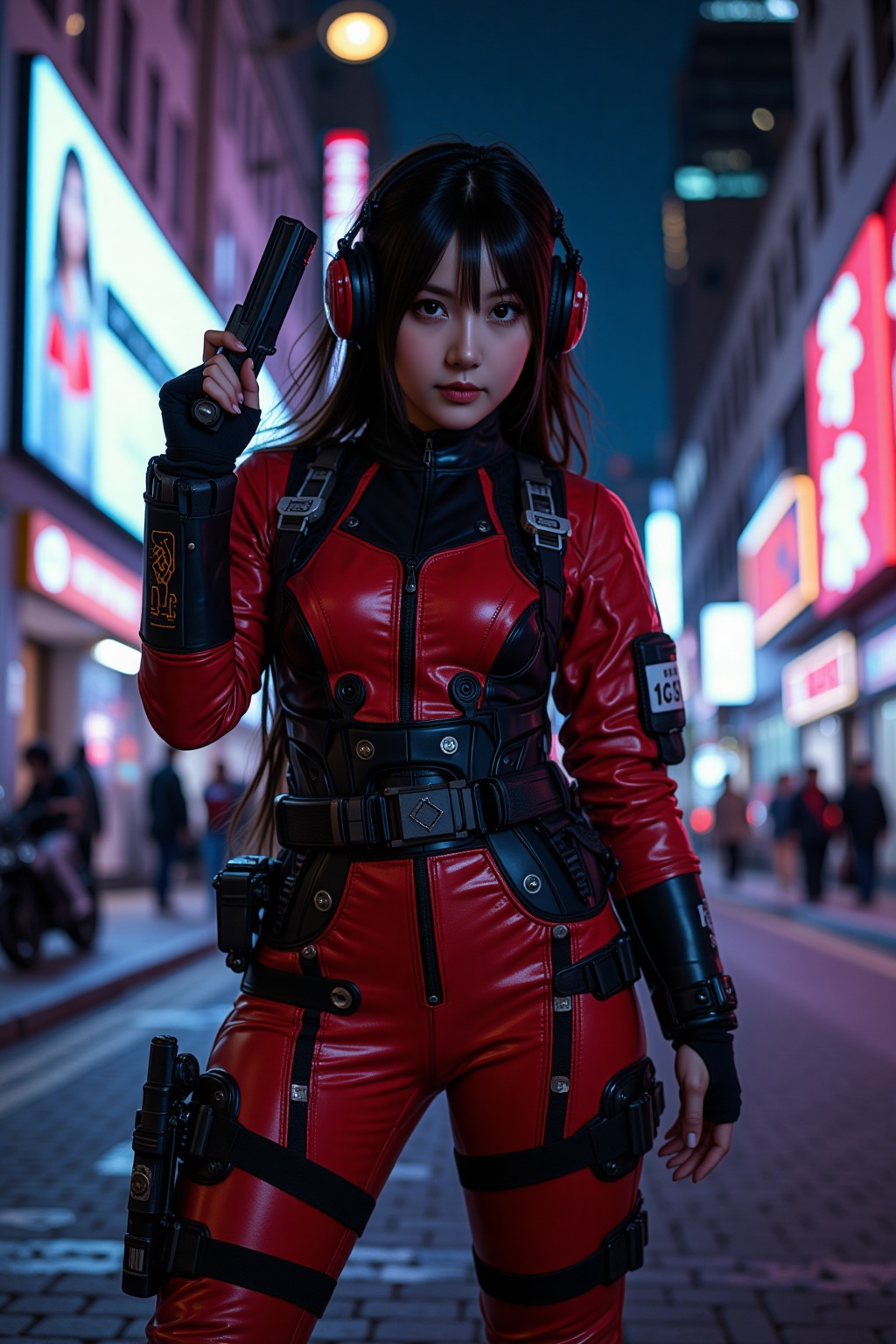 cyberpunk anime,  Dòu Bàn Jiàng stunning Japanese woman wearing red and black sci-fi power armour,  long hair with bangs o...